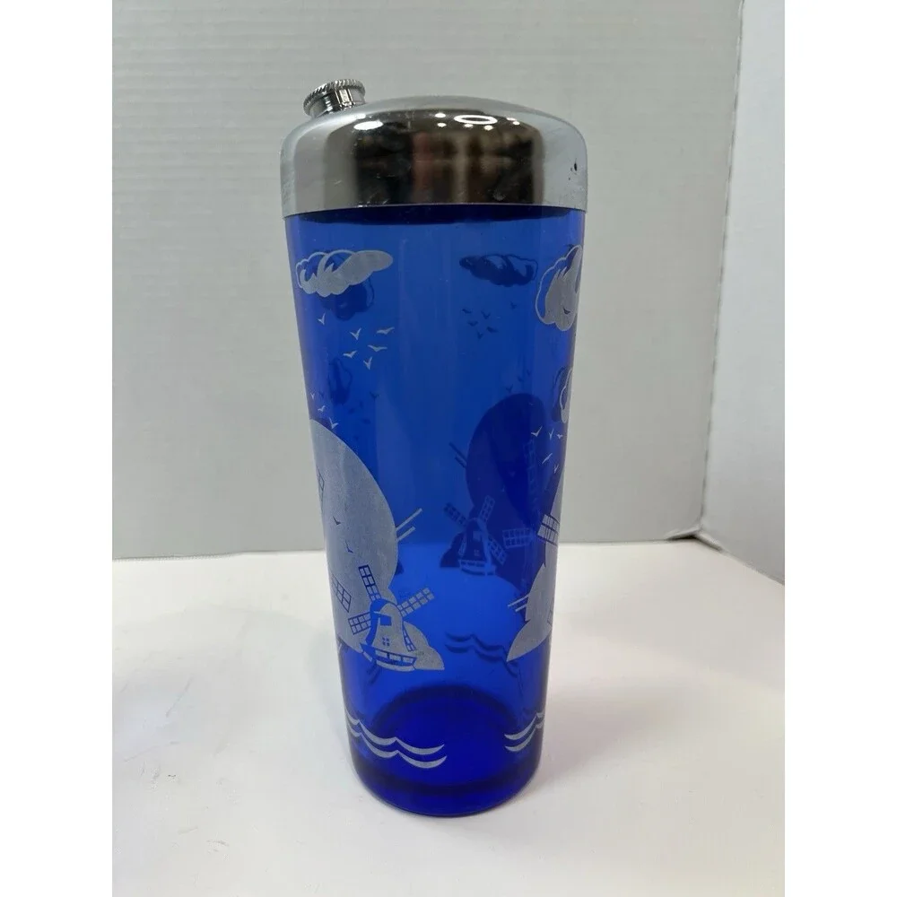 Vintage Hazel Atlas Cobalt Blue Windmill Cocktail Shaker ice bucket 4 glasses